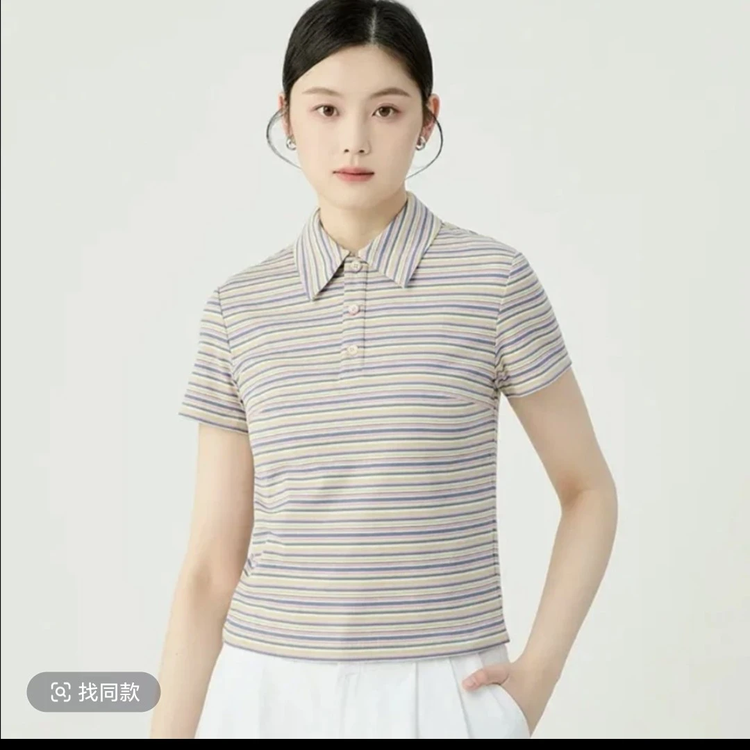 哥弟品质女装夏季新款通勤百搭弹力针织布条纹短款POLO短袖130032