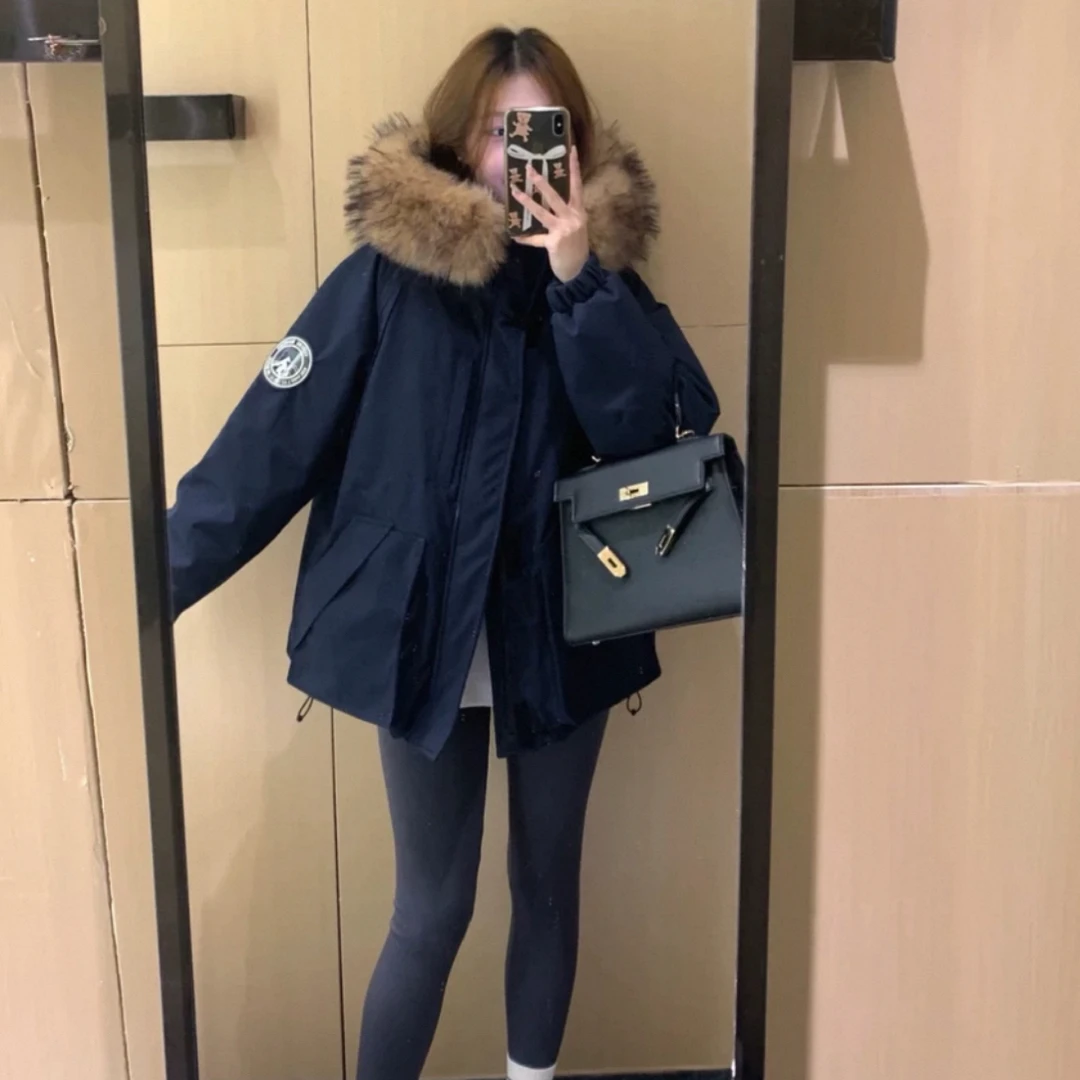 派克羽绒服女宽松小个子白鸭绒工装加厚外套2025冬新款短款大毛领