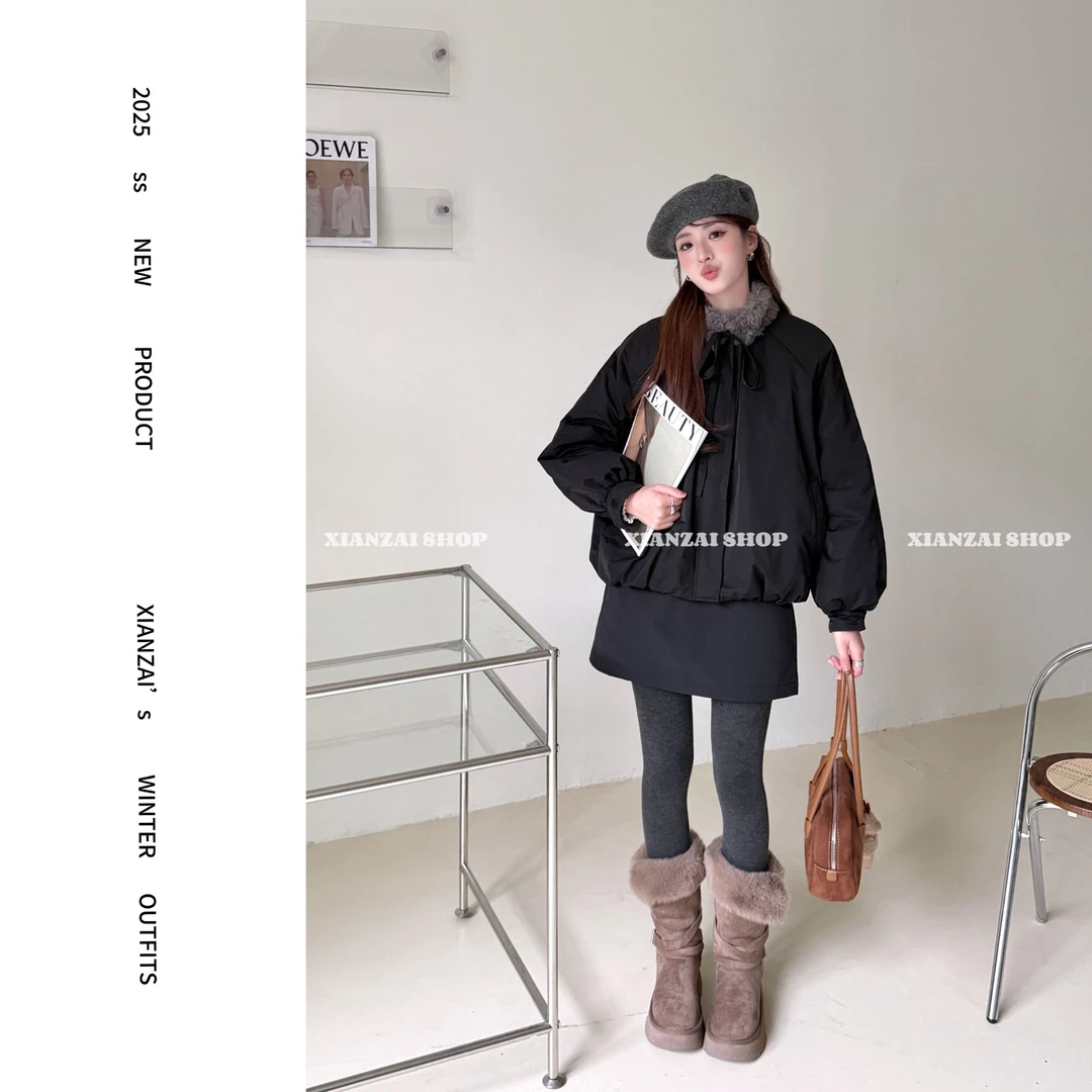 XIANZAI【小豆包】冬季新款毛毛花苞领黑色羽绒服外套短裙两件套装
