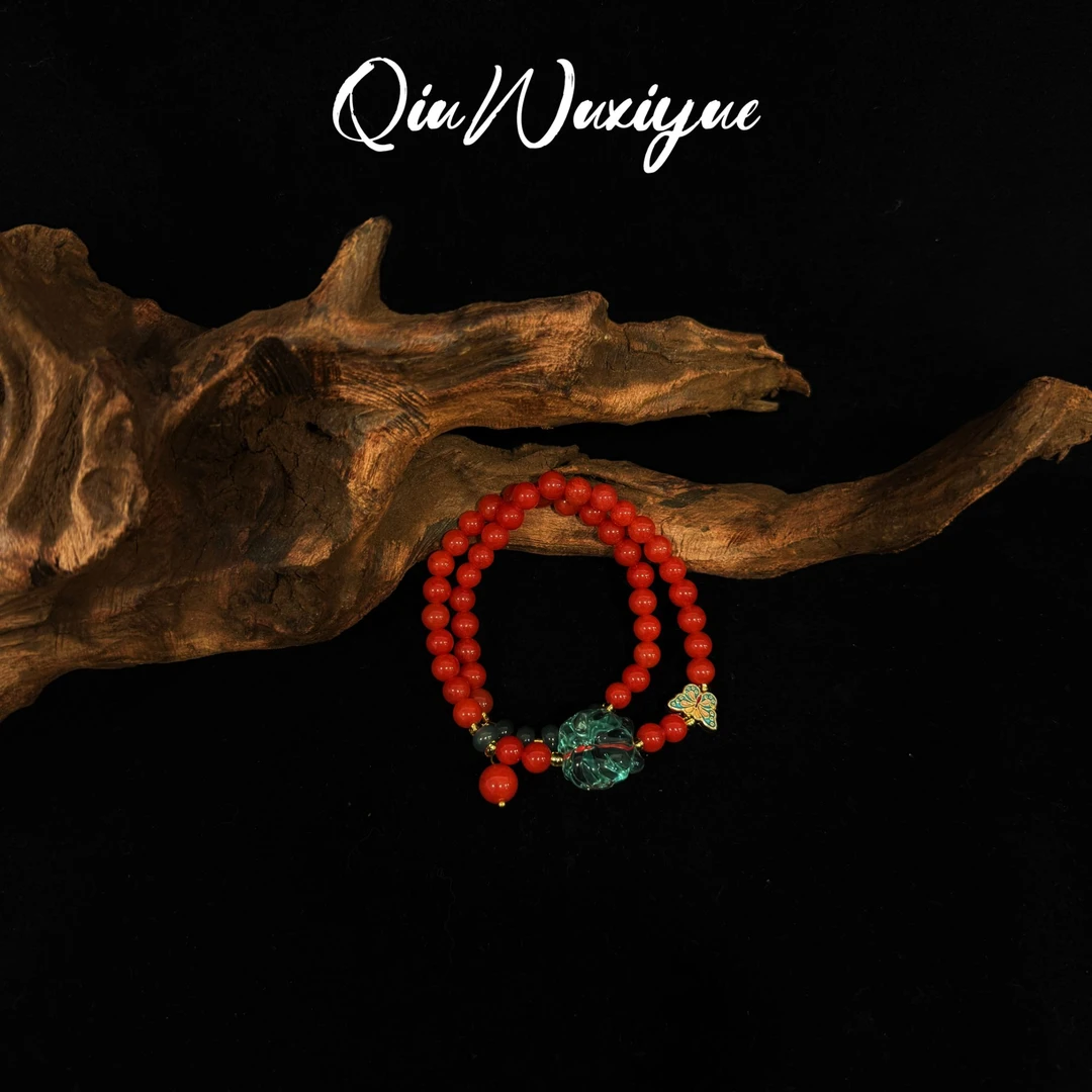 DH 1361 6mm红玛瑙玉髓+蝴蝶配饰+九尾狐