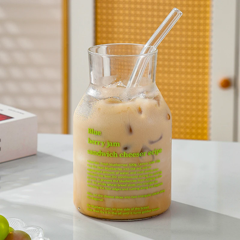 ins风高硼硅玻璃牛奶专用家用咖啡杯子冷饮吸管杯大容量印花杯