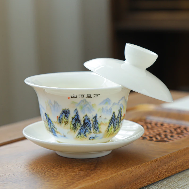 羊脂玉白瓷陶瓷悬停三才盖碗高档泡茶简约大容量防烫茶150ML