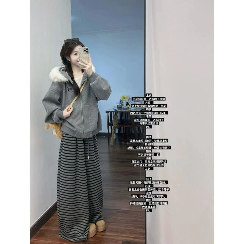 大码秋冬加绒慵懒风连帽卫衣拉链外套刺绣条纹阔腿裤保暖套装