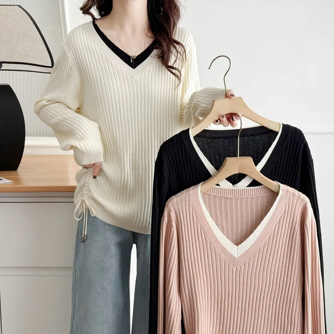 大码女装拼色长袖针织衫秋季宽松显瘦毛针织衫女装假两件秋冬时尚