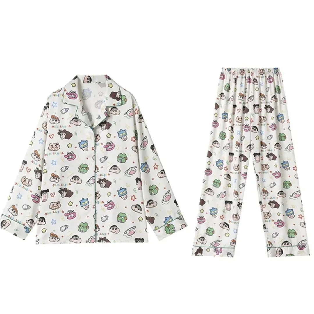 蜡笔小新睡衣女夏季卡通长袖不带胸垫透气冰丝家居服减龄可爱套装