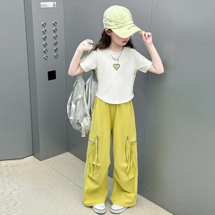 女童夏季洋气套装中大童休闲阔腿宽松T恤工装裤套装