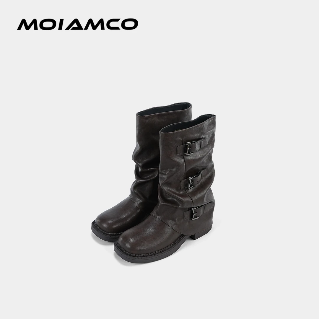 Molamco西部牛仔中筒靴子女扣带推推裤管靴