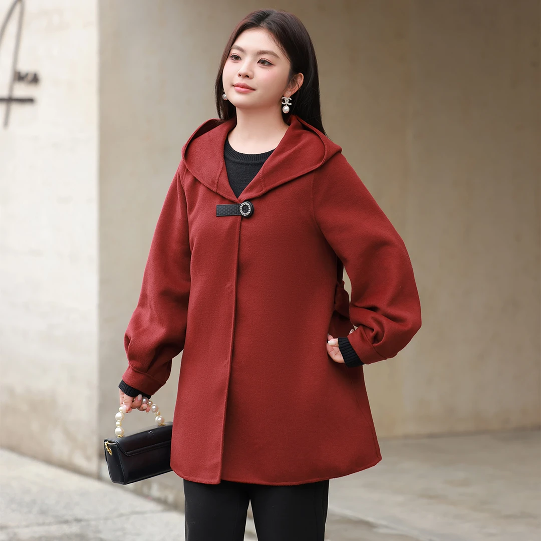 【绵羊毛双面毛呢大衣】MsShe大码女装冬装连帽外套A~B2411067