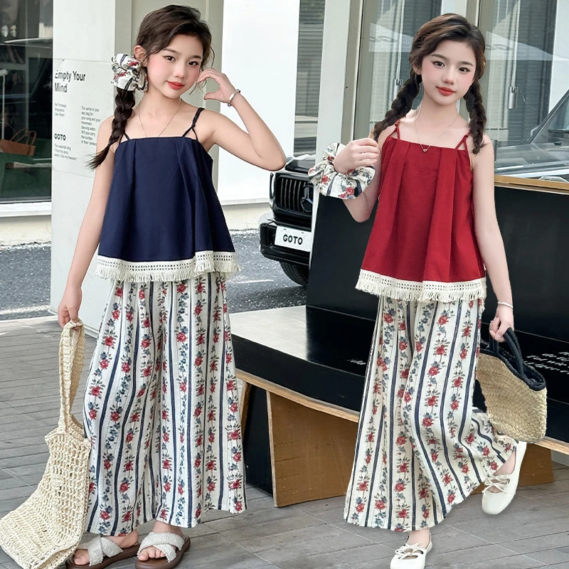 女童夏季吊带花边套装2025爆款儿童洋气阔腿裤沙滩度假休闲两件套