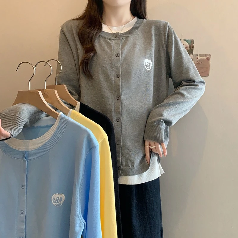 3899芊#秋装新款宽松假两件针织衫上衣胖mm宽松显瘦毛衣