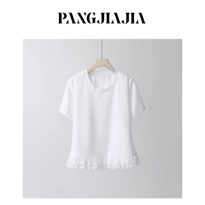 【胖佳佳】现货~芭蕾少女 短袖T恤时尚蕾丝钩花减龄上衣H625Z02745