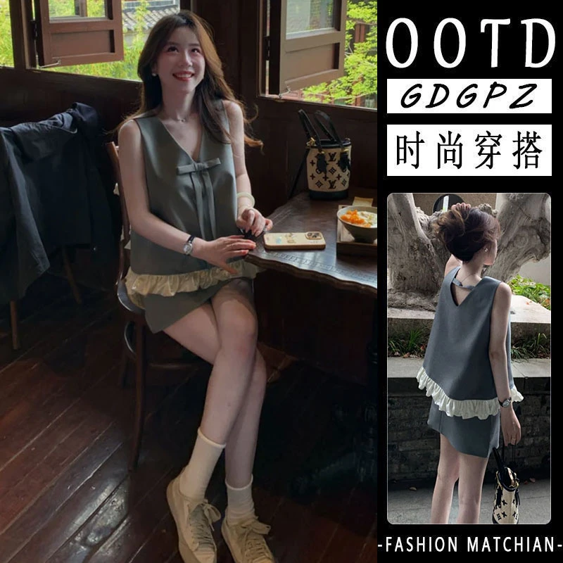 2025夏季新款法式设计感蝴蝶结花边V领上衣气质高腰显瘦A字半身裙