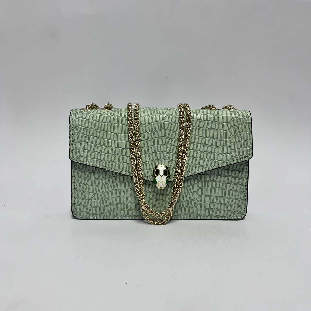 里外全头层牛皮蛇头绿色单肩斜跨包包链条包肩包金色