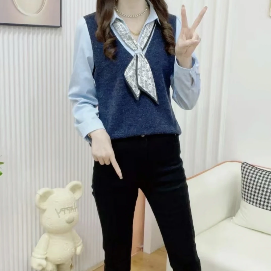 YRM2025秋季时尚拼接撞色假两件带领带收腰显瘦正肩衬衫女1801