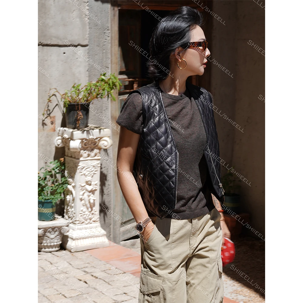 SHIIEELL【菱格马甲】复古老钱风菱格V领羊皮拉链马甲Z5172