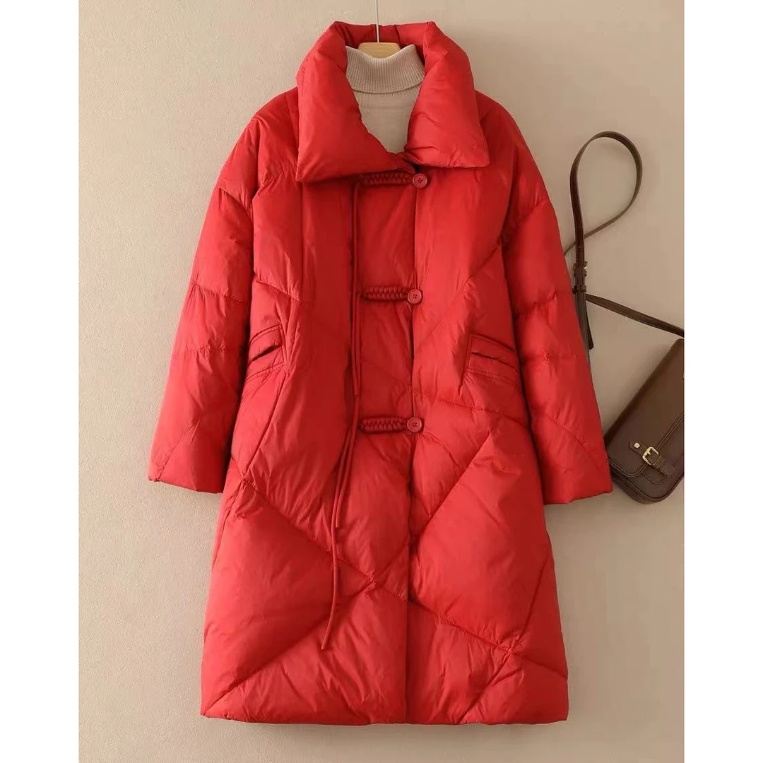 23161秋冬中长款保暖宽松百搭长袖盘扣羽绒外套