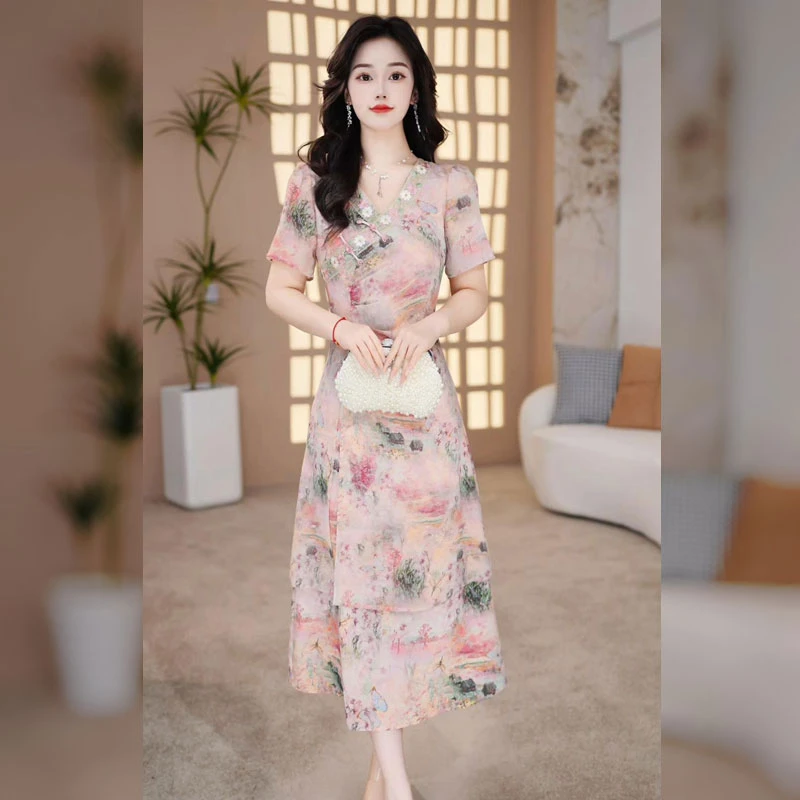 【千羽定制】新中式印花旗袍连衣裙2025年夏季复古优雅显瘦a字裙