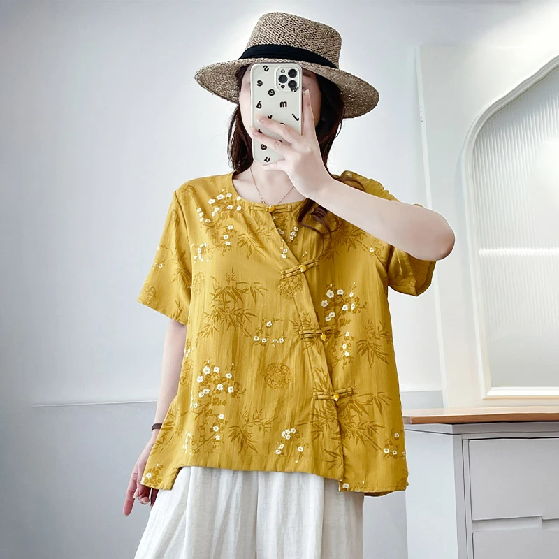 大码女装短袖衬衫薄款民族风圆领宽松胖mm减龄洋气上衣夏季时尚MM