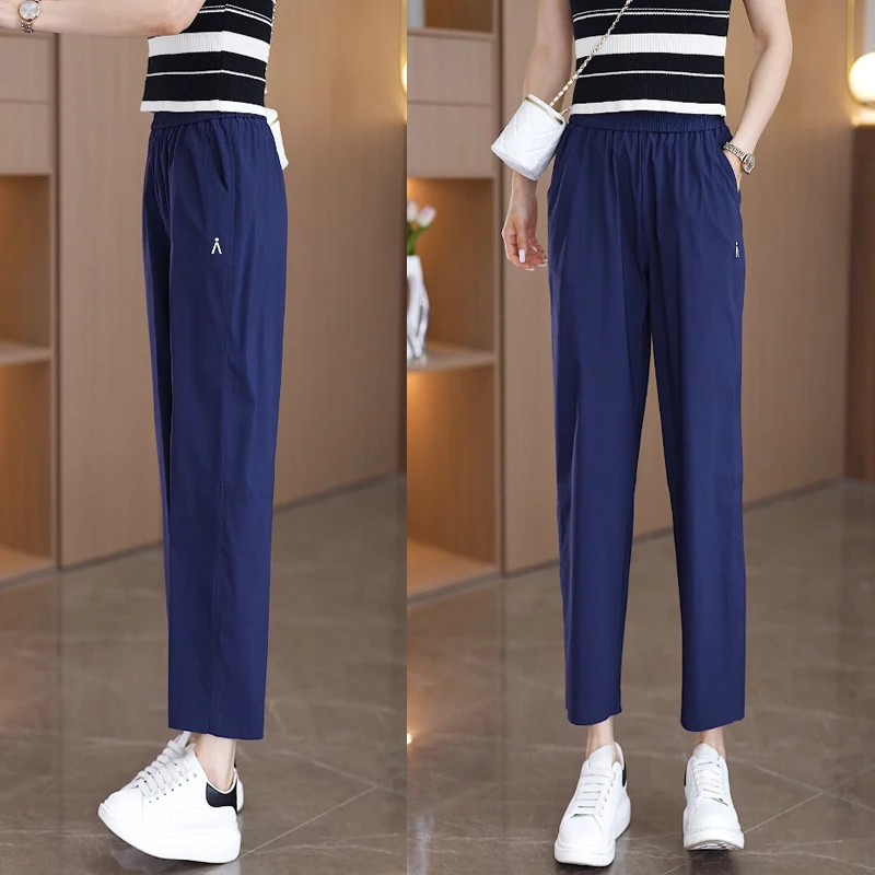 2025夏季新款速干小直筒松紧腰九分休闲裤薄款宽松大码哈伦裤显瘦