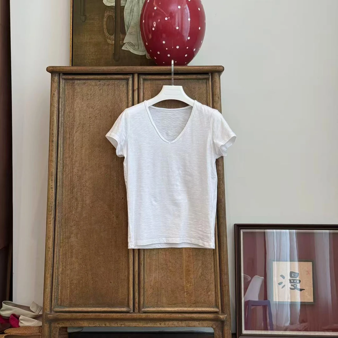 MYL 2025夏季新品棉白色T恤V领短袖长绒棉28织的定织竹节纹理上衣