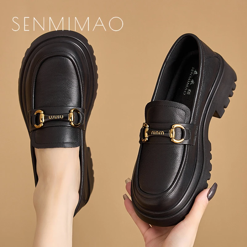 乐福鞋女厚底增高英伦工作鞋早秋新款真牛小皮鞋通勤厚底乐福鞋