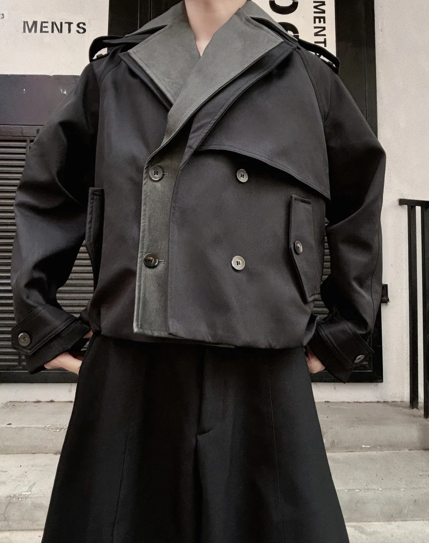 YC原创 秋季 假俩件拼领夹克外套 休闲复古宽松男士春秋