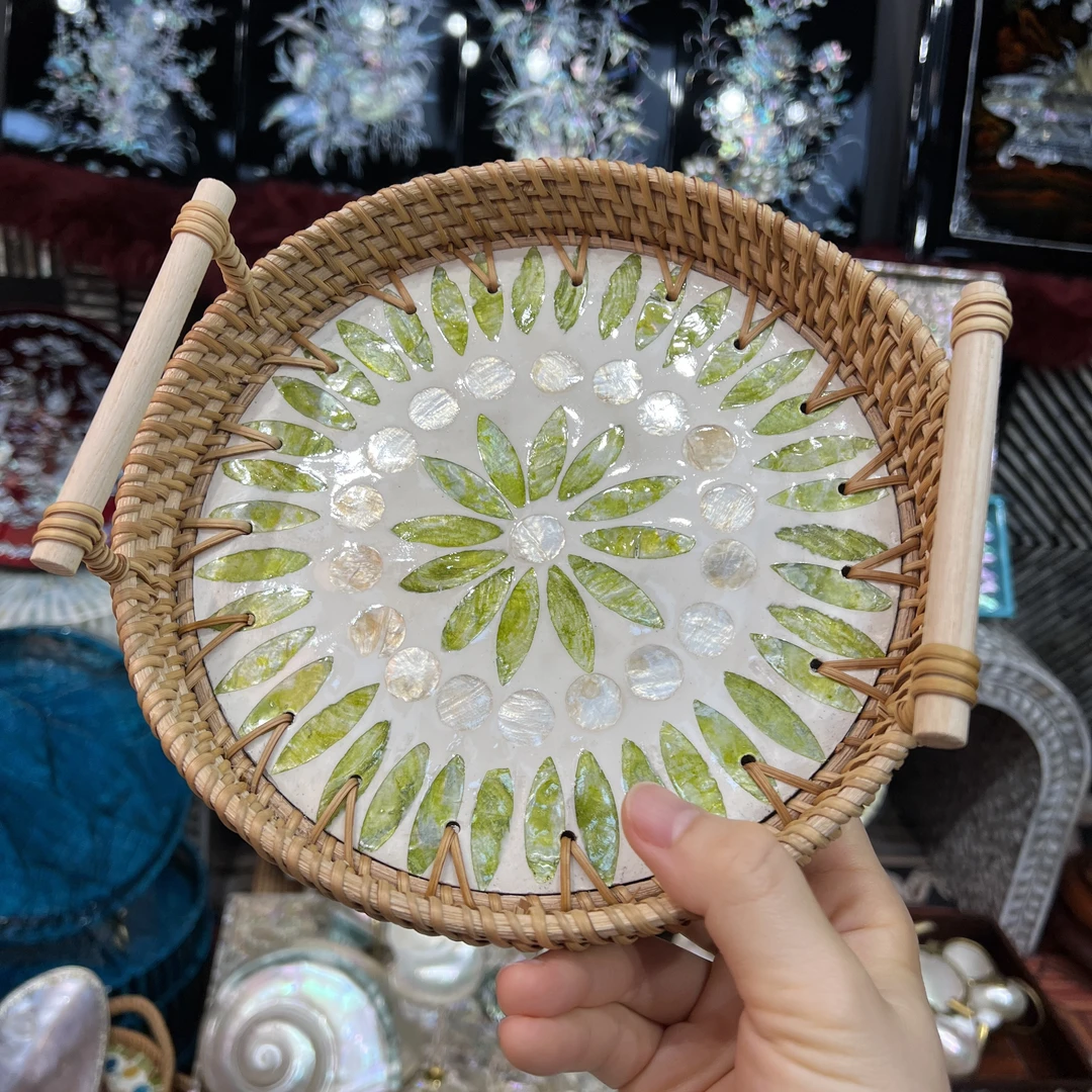 BB-【花轮提耳】越南藤编天然深海贝壳镶嵌提耳托盘收纳盘22cm
