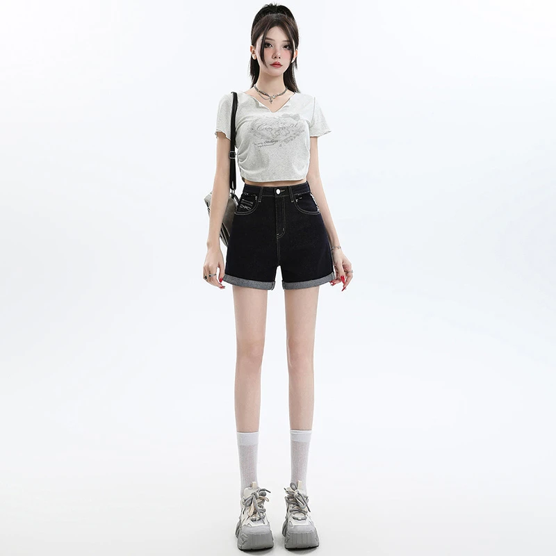 高腰深蓝色牛仔短裤女2025新款春夏宽松显瘦夏季A字阔腿卷边热裤