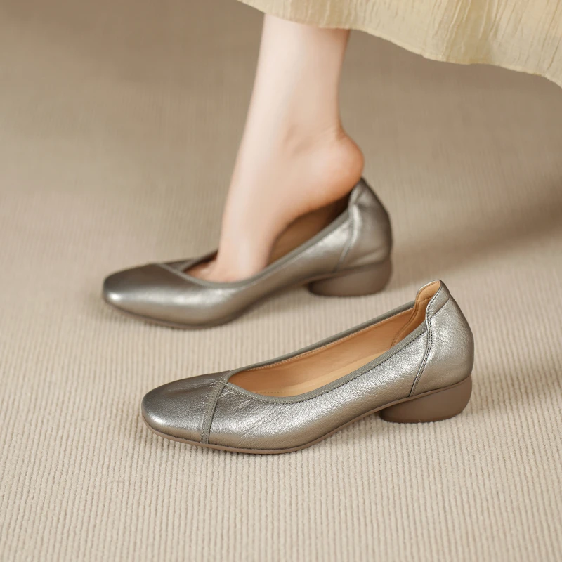 轩玥情巨显白~3cm粗跟单鞋女夏纯真皮羊皮舒适中跟静音软底女鞋子