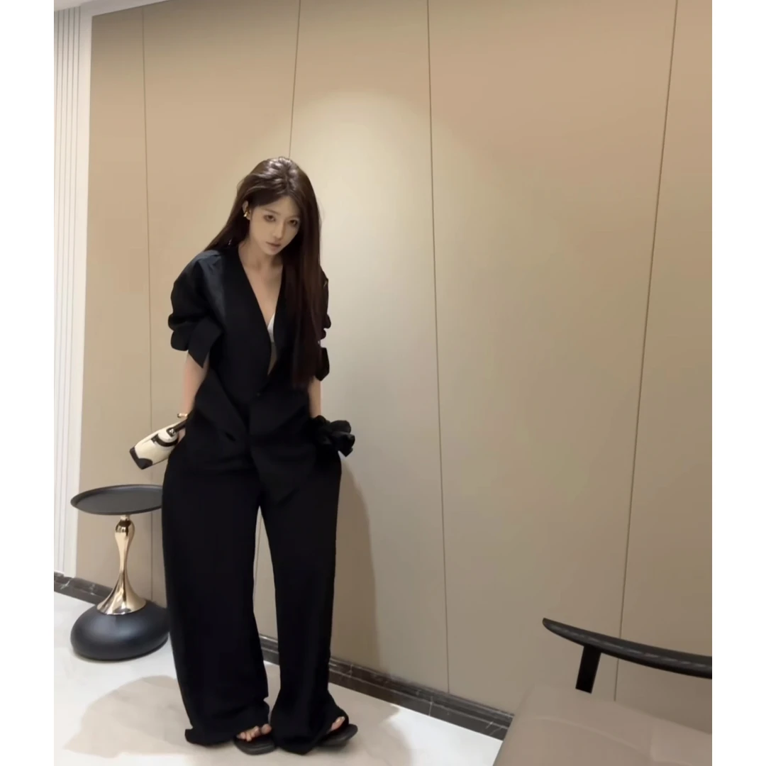 老钱风套装女薄款慵懒宽松V领白色衬衫高腰阔腿裤显瘦休闲两件套