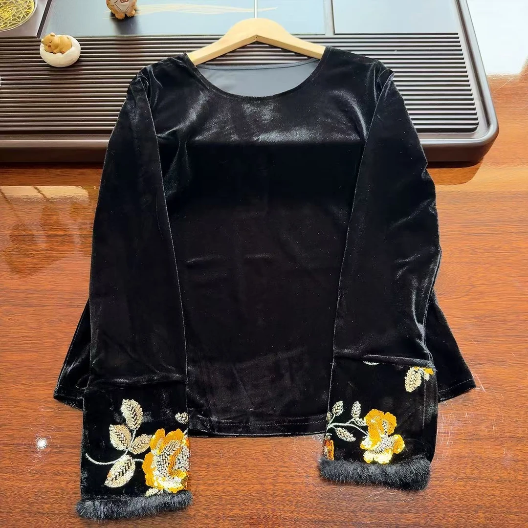 水如画【紫林】新款新中式国风加绒打底女装提花圆领长袖保暖衬衫