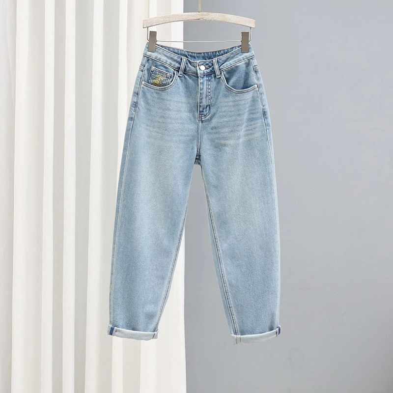2025春夏新款复古浅蓝色牛仔裤女高腰哈伦裤显瘦百搭萝卜裤老爹裤