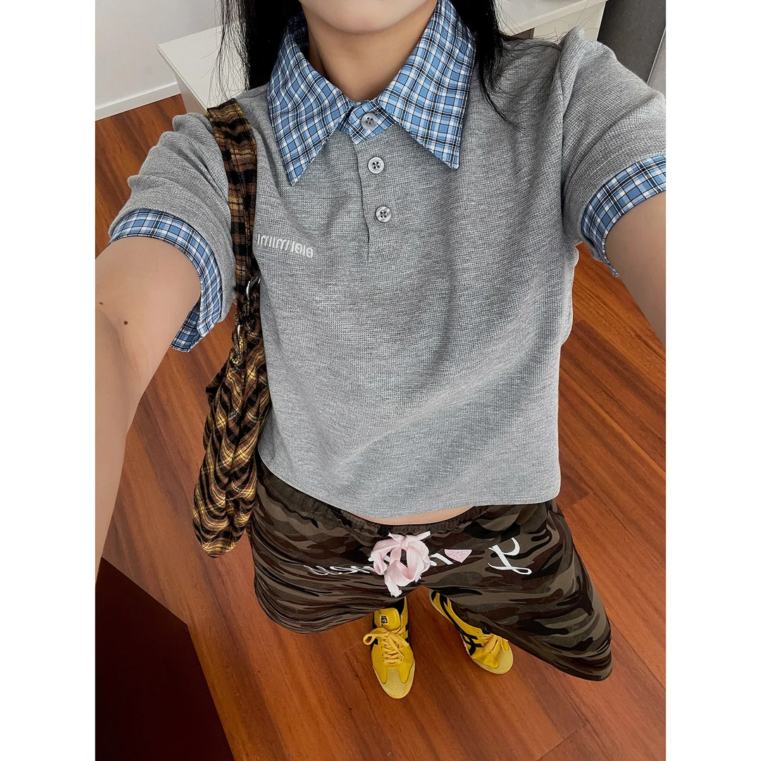 19studio WAYNEPRINCE美式学院风假两件短袖格纹拼接翻领短款T恤
