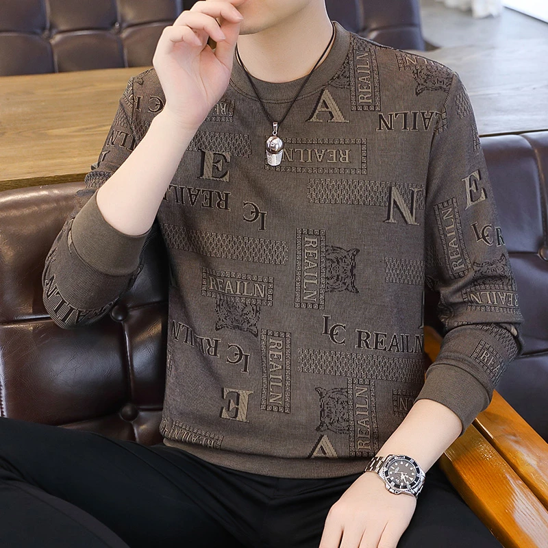 30-50岁秋款青年男士休闲印花圆领T恤宽松透气时尚上衣卫衣打底衫