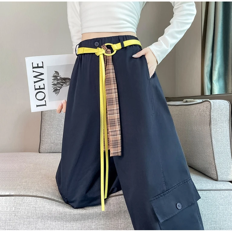 藏青色弯刀工装裤女秋装新款美式爵士舞运动阔腿裤高腰时尚洋气潮