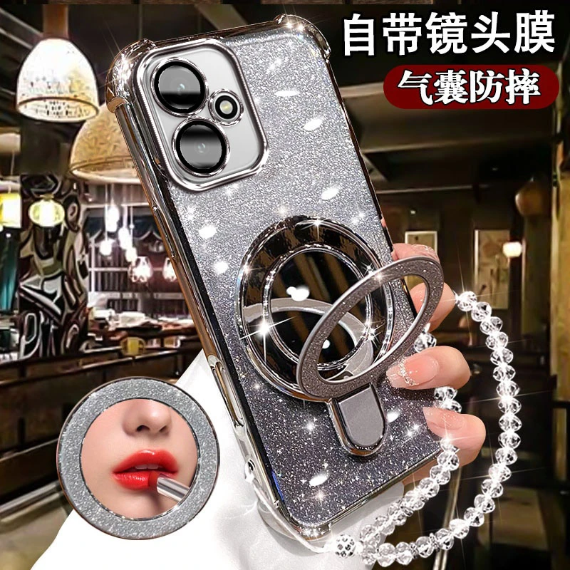 适用荣耀400港版手机壳小U闪粉镜子支架金属超薄防摔电镀手机挂绳