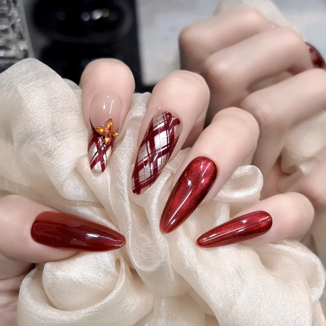 【红格秘语】秋冬高级红色格子法式温柔百搭7112302纯手工穿戴甲