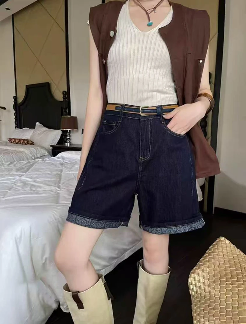 时尚夏季显瘦薄款韩版高腰女装百搭花朵刺绣牛仔短裤中腰复古