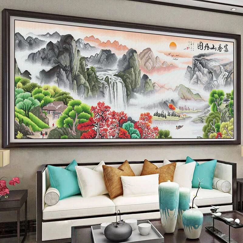 1.9中格纯手工绣好的十字绣成品780富春山居图装饰画