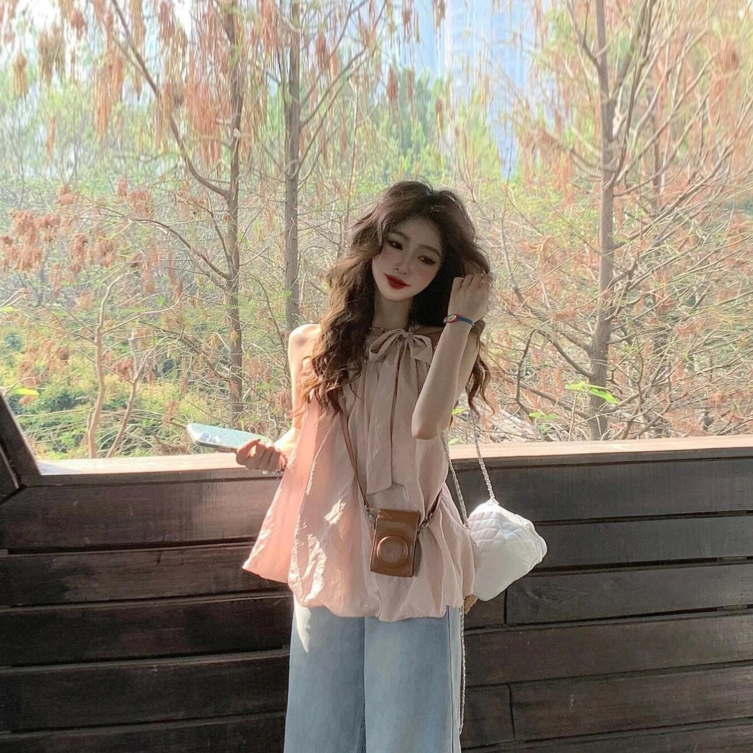 韩系气质系带花苞下摆无袖上衣高级感超好看显瘦粉色挂脖吊带背心