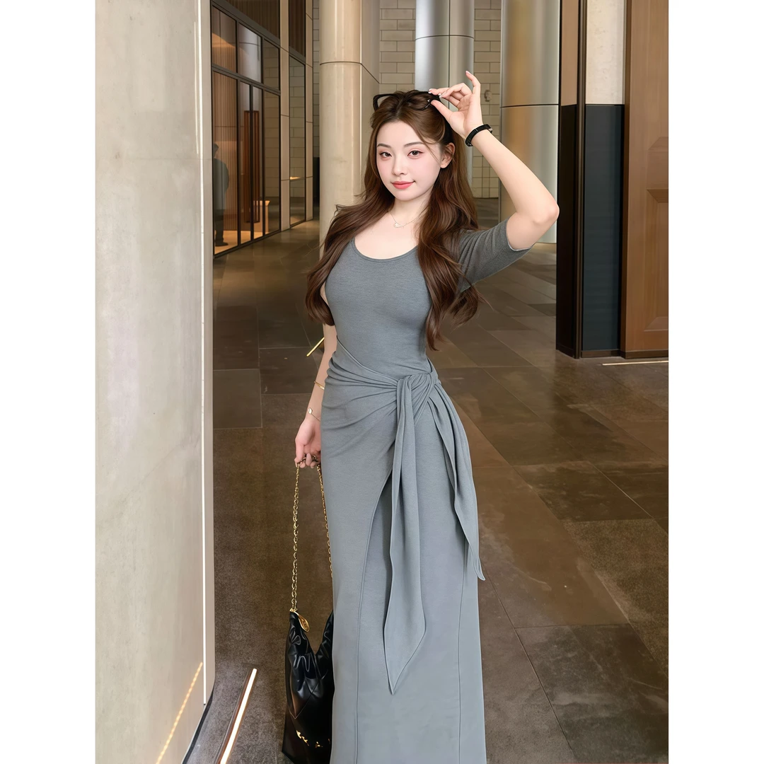 法式气质时尚绑带中袖U领连衣裙女夏季新款御姐风收腰包臀长裙子