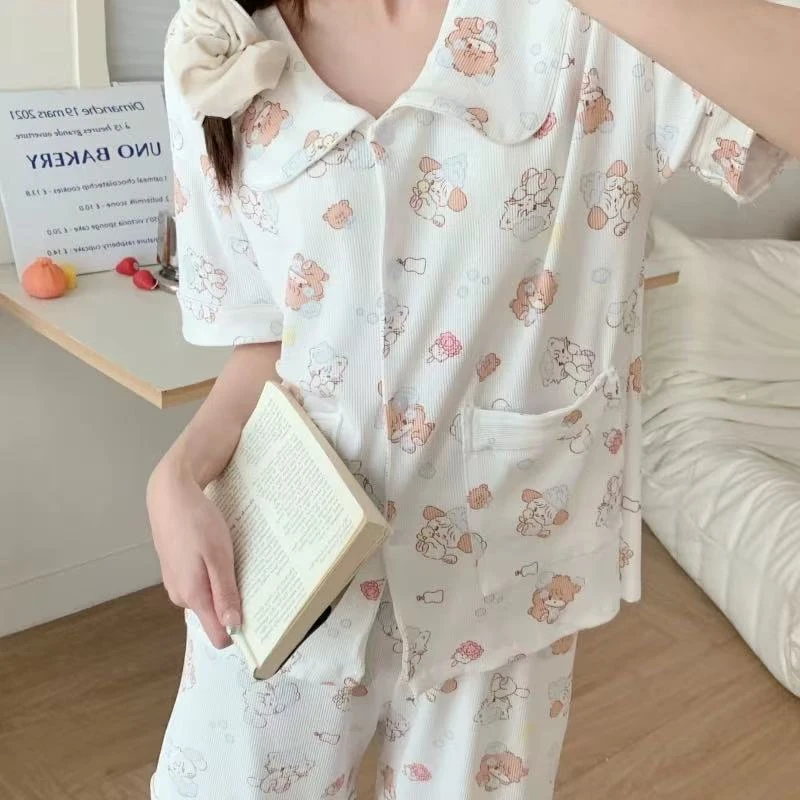 【111】甜美风睡衣女春夏季新款短袖开衫卡通学生家居服两件套