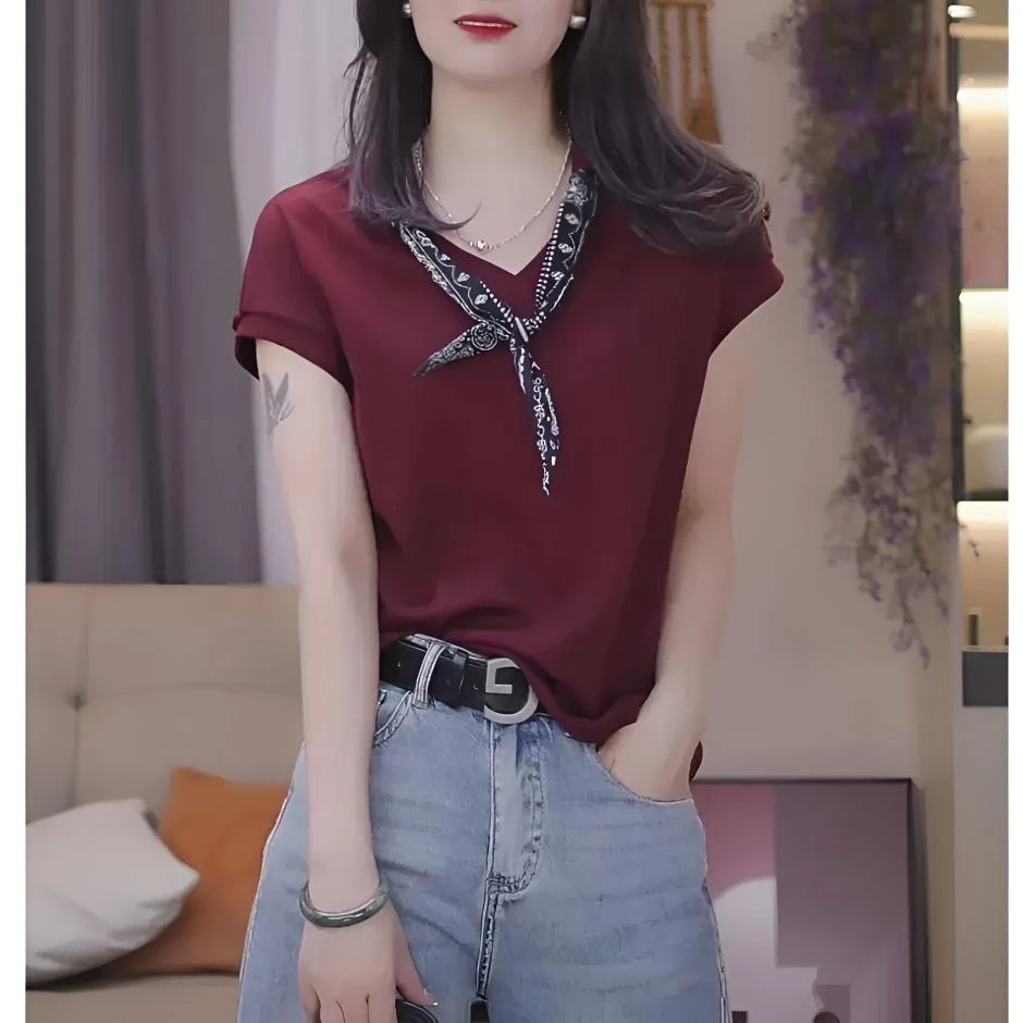 【拍下附带丝巾】夏季V领女士丝巾系带小飞袖百搭宽松显瘦纯色上衣