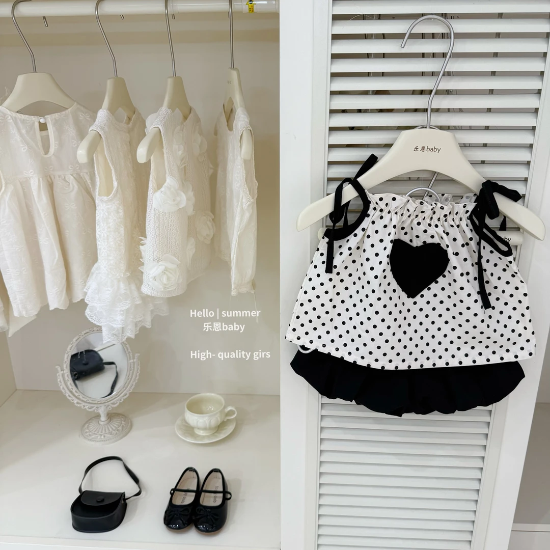【乐恩童装】原创高定女童夏季新款爱心波点吊带上衣休闲短裤套装