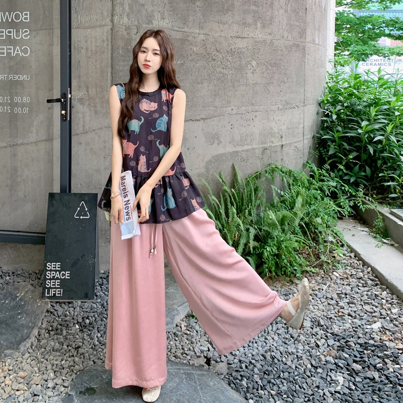 国风小猫印花无袖背心上衣叠穿流光阔腿裤套装两件套女夏季高级感