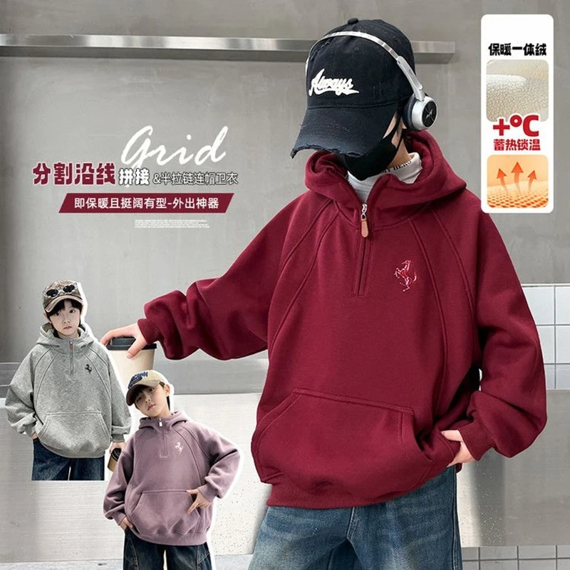 男童秋冬加绒加厚红色连帽卫衣洋气百搭新年服保暖