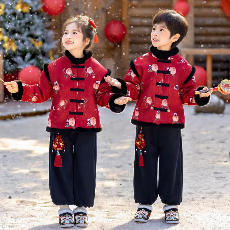 男女童加厚唐装新年拜年服冬季幼儿园喜庆红色中国风元旦演出服装