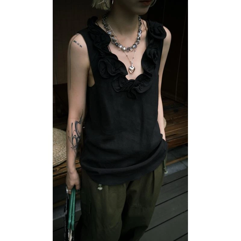 HELLOTANGO《法式风情》法式纯欲风花边高级无袖背心25109#