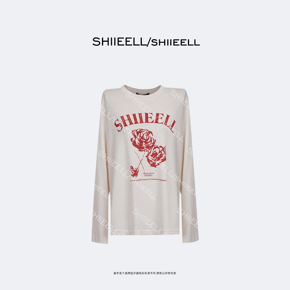SHIIEELL【红玫瑰】复古棉质空气酵洗玫瑰印花撞色图案T恤Z1126
