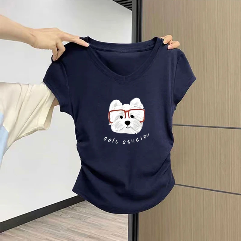正肩v领纯棉短袖t恤女2025新款设计感小众侧边收腰藏青色上衣夏季